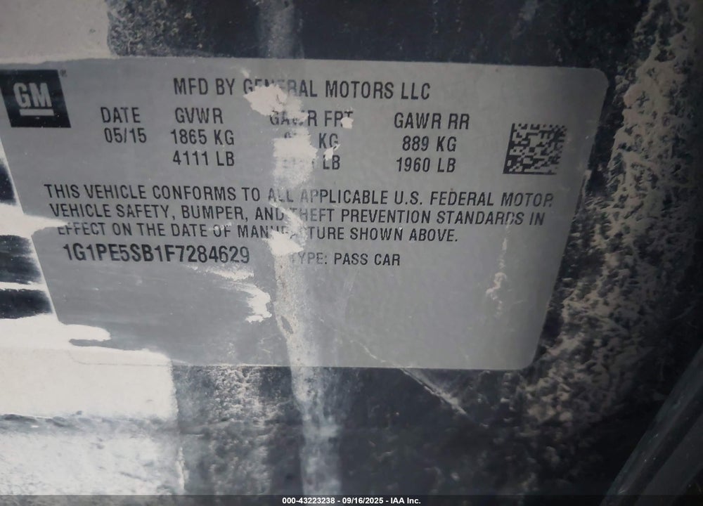 2015 CHEVROLET CRUZE VIN: 1G1PE5SB1F7284629