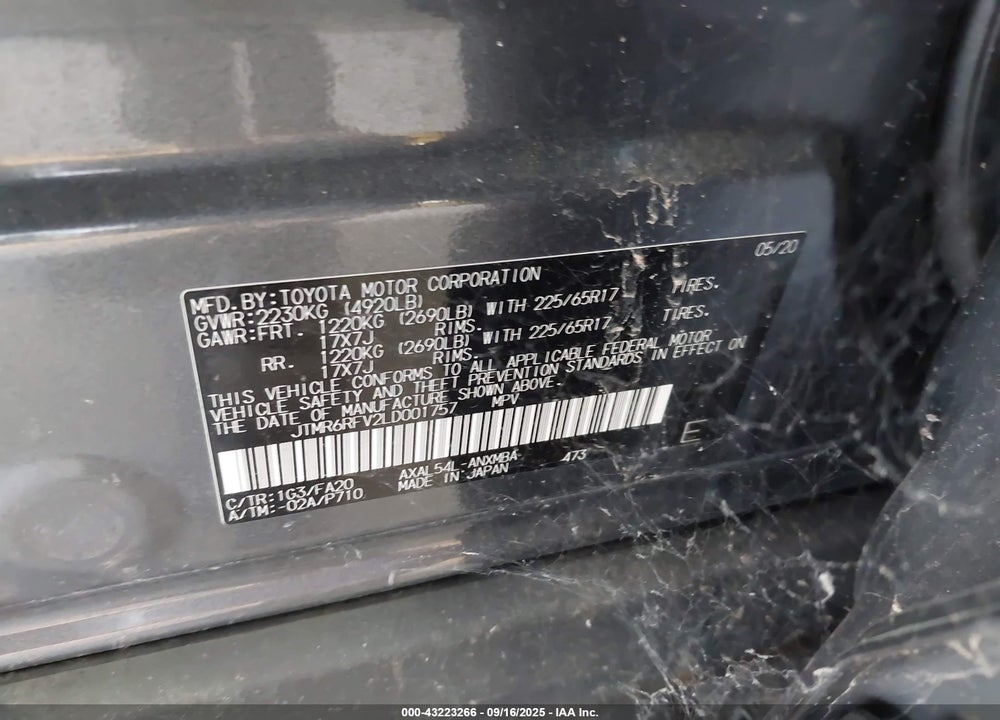 2020 TOYOTA RAV4 HYBRID XLE VIN: JTMR6RFV2LD001757