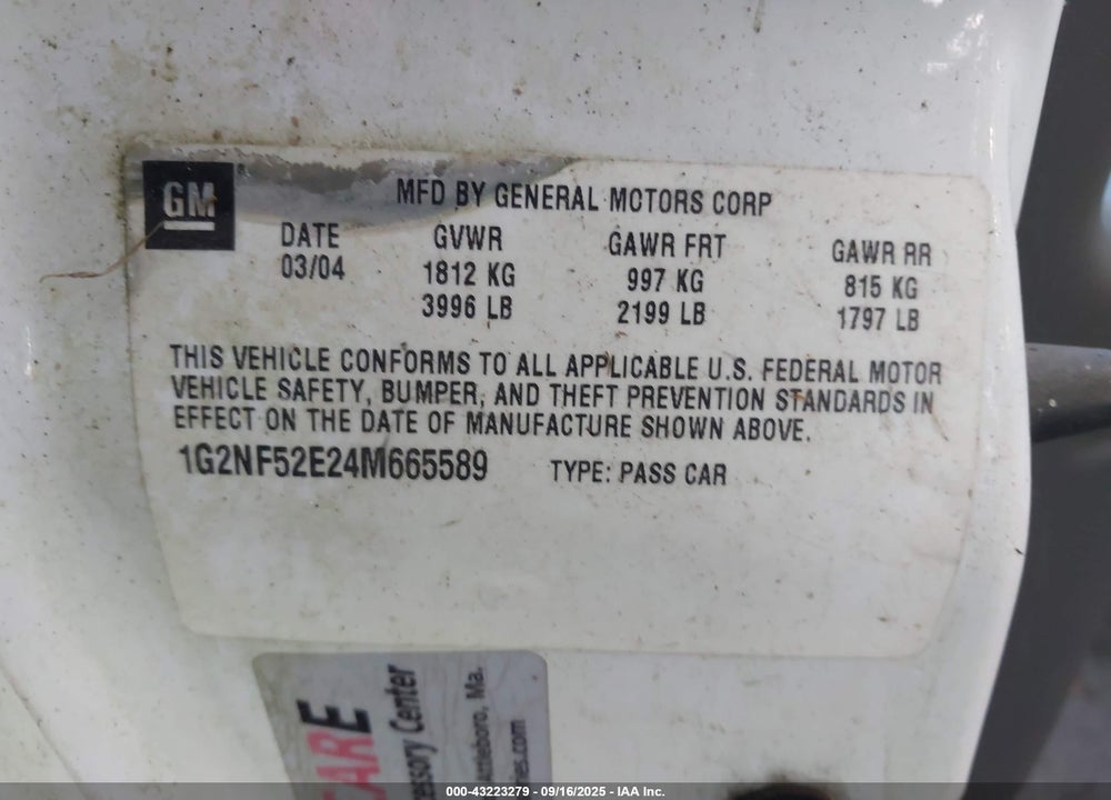 2004 PONTIAC GRAND AM SE1 VIN: 1G2NF52E24M665589