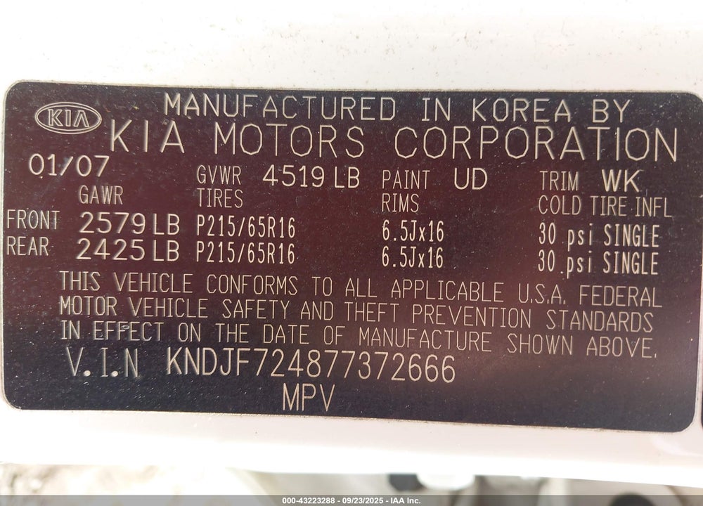 2007 KIA SPORTAGE LX VIN: KNDJF724877372666