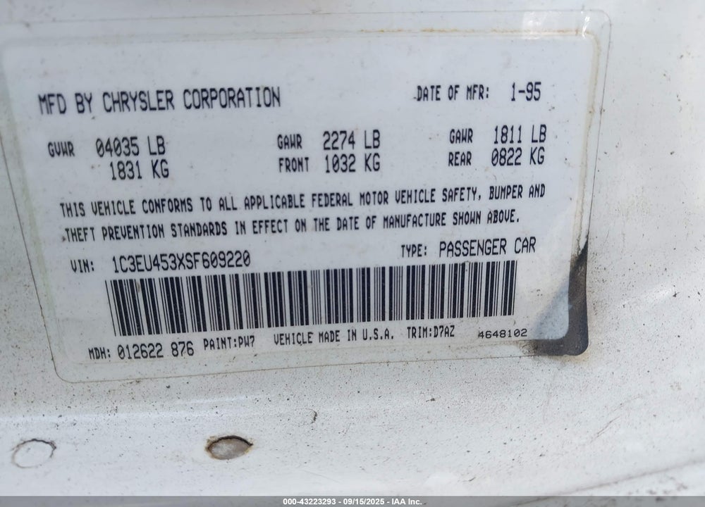 1995 CHRYSLER LEBARON GTC VIN: 1C3EU453XSF609220