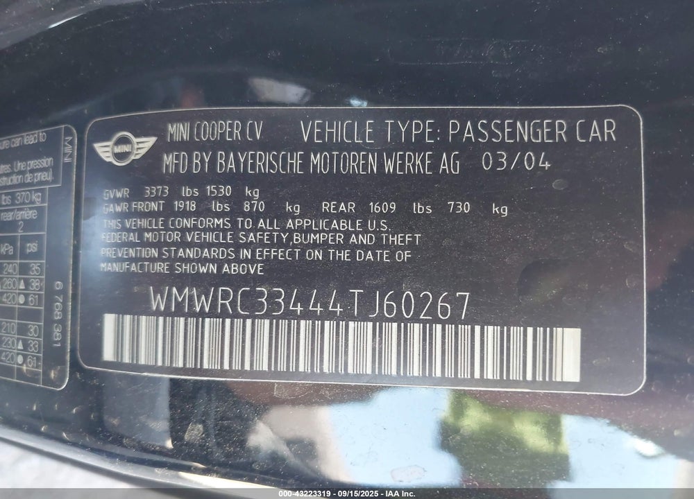 2004 MINI COOPER VIN: WMWRC33444TJ60267