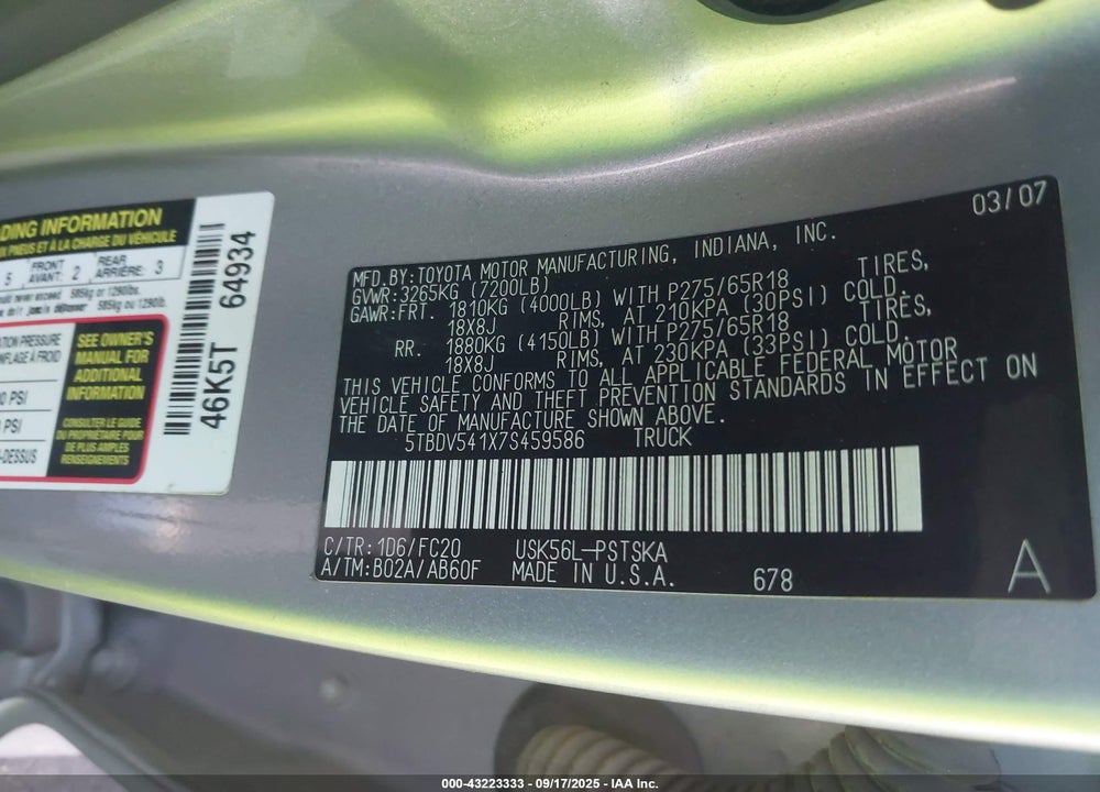 2007 TOYOTA TUNDRA SR5 5.7L V8 VIN: 5TBDV541X7S459586