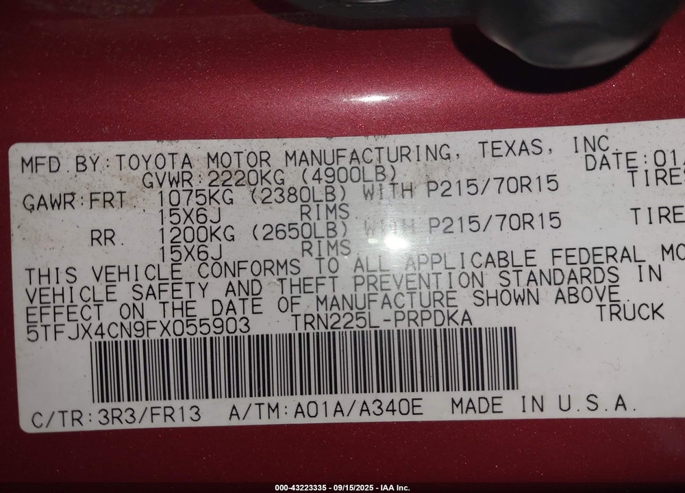 2015 TOYOTA TACOMA VIN: 5TFJX4CN9FX055903