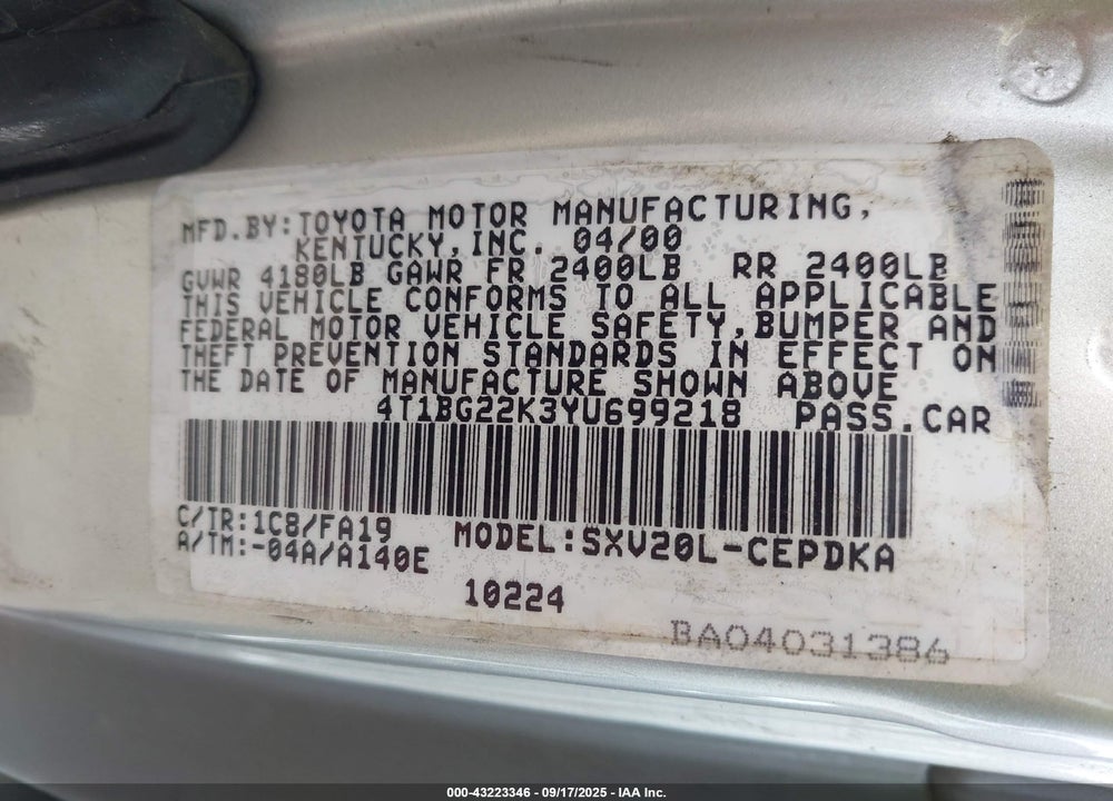 2000 TOYOTA CAMRY CE VIN: 4T1BG22K3YU699218