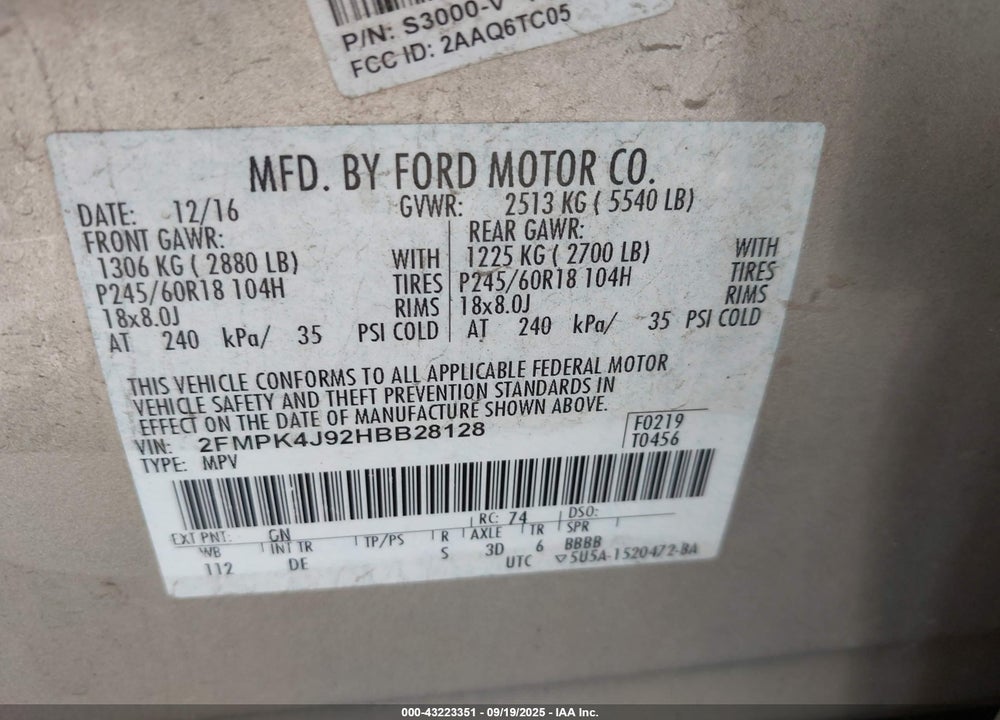 2017 FORD EDGE VIN: 2FMPK4J92HBB28128
