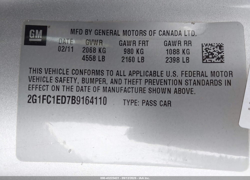 2011 CHEVROLET CAMARO VIN: 2G1FC1ED7B9164110