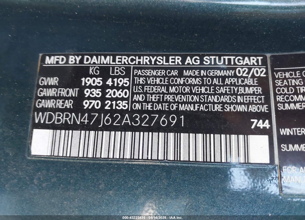 2002 MERCEDES-BENZ C 230 VIN: WDBRN47J62A327691