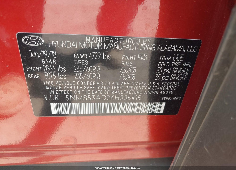 2019 HYUNDAI SANTA FE VIN: 5NMS53AD2KH006415