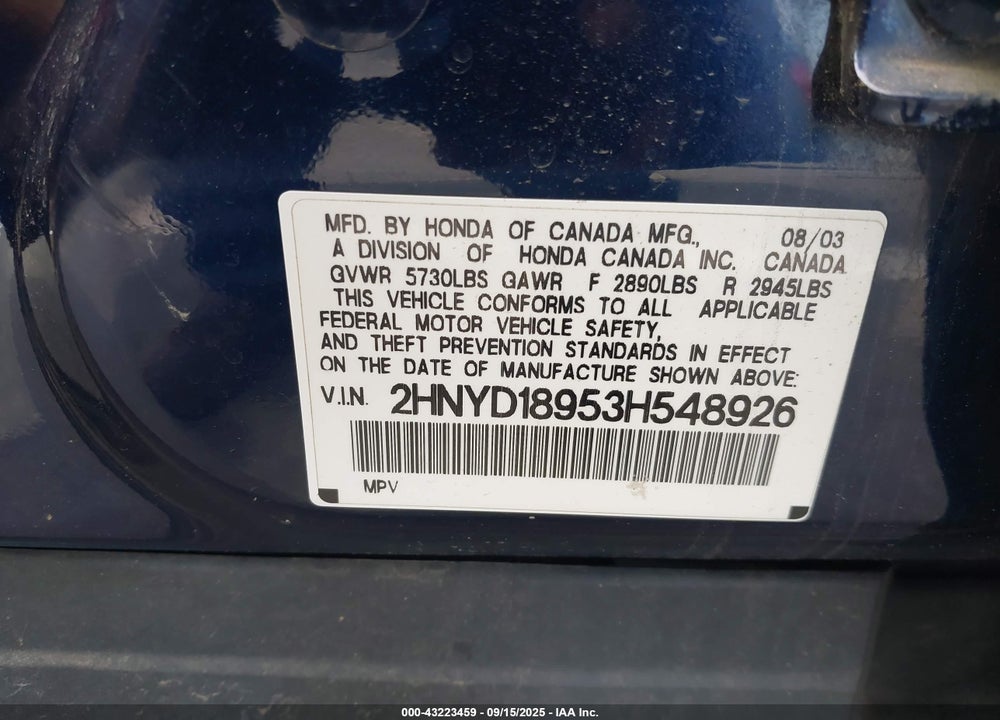 2003 ACURA MDX VIN: 2HNYD18953H548926
