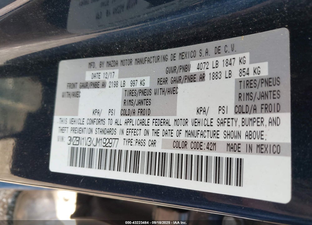 2018 MAZDA 3 VIN: 3MZBN1V3XJM192977