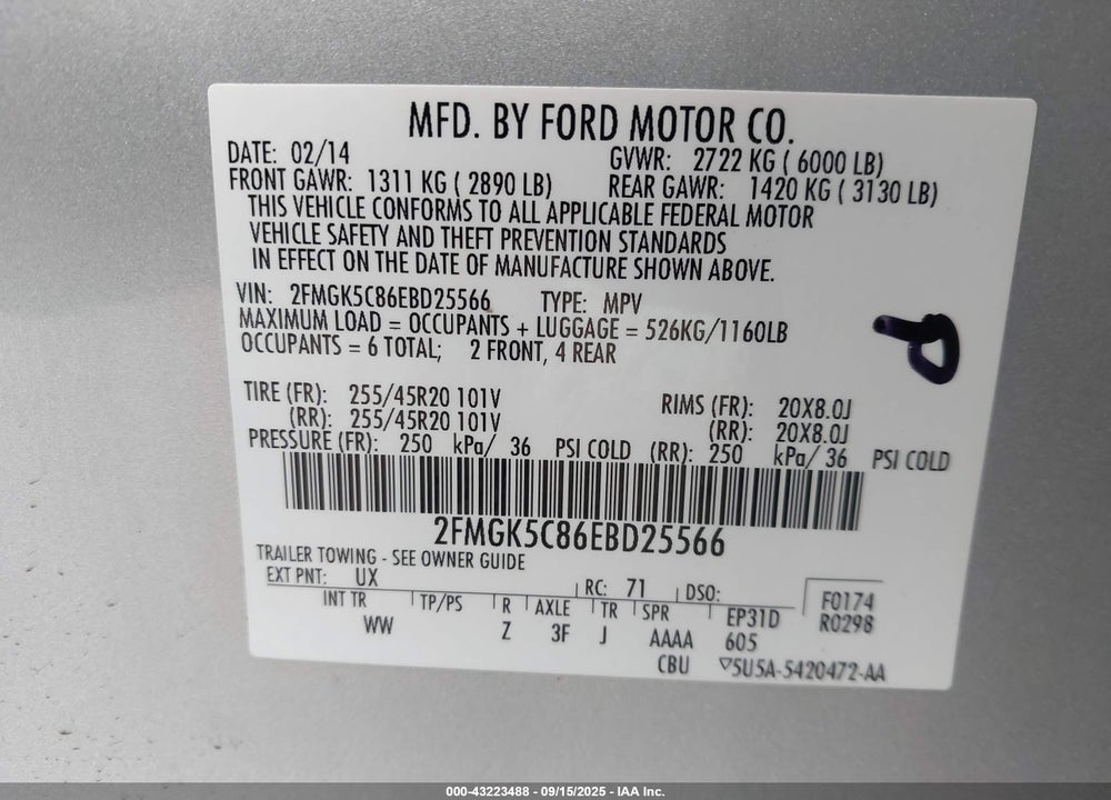 2014 FORD FLEX VIN: 2FMGK5C86EBD25566