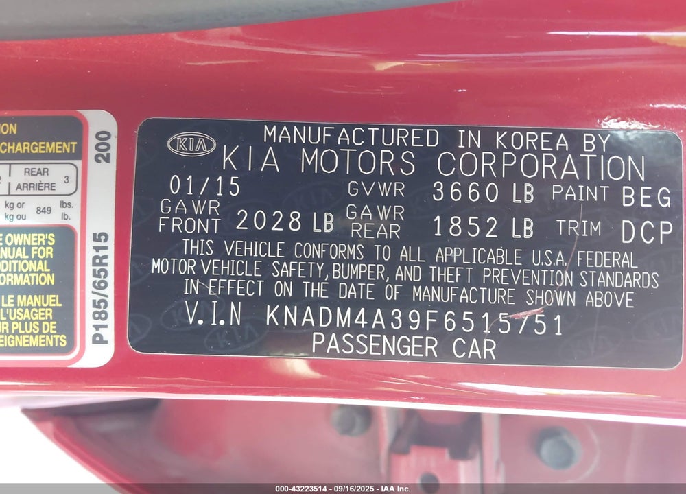 2015 KIA RIO VIN: KNADM4A39F6515751