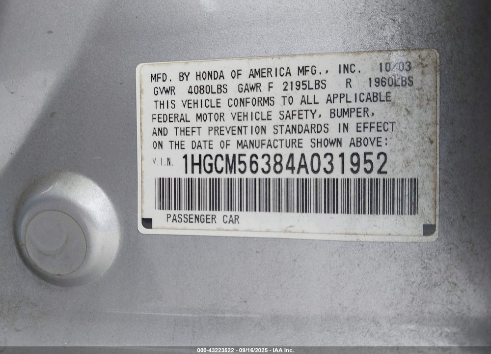 2004 HONDA ACCORD 2.4 LX VIN: 1HGCM56384A031952