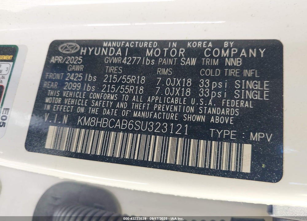 2025 HYUNDAI KONA SEL VIN: KM8HBCAB6SU323121