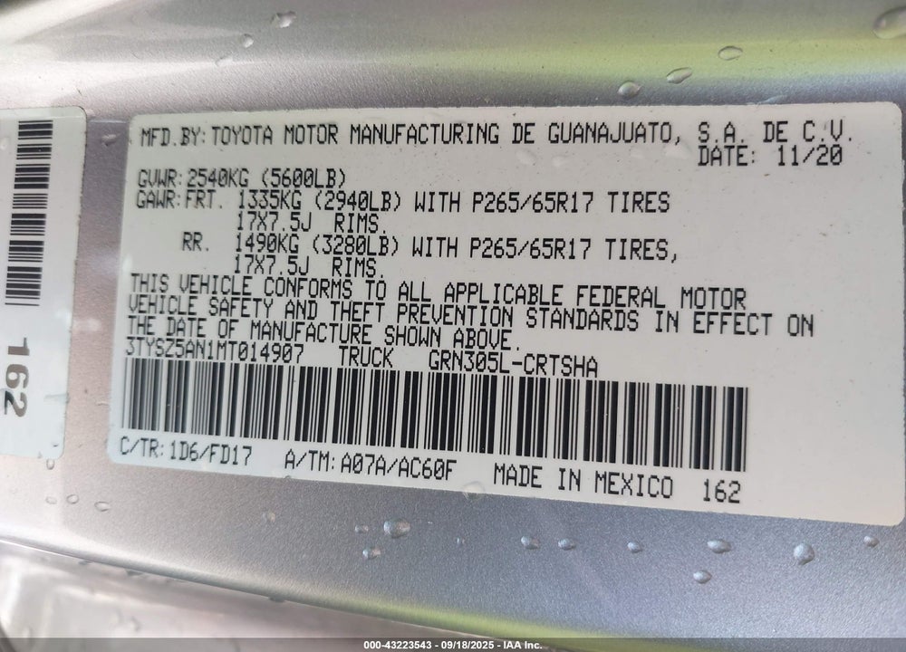 2021 TOYOTA TACOMA VIN: 3TYSZ5AN1MT014907