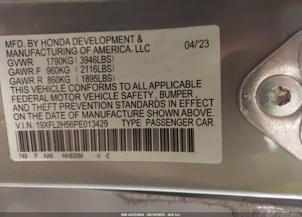 2023 HONDA CIVIC VIN: 19XFL2H56PE013429