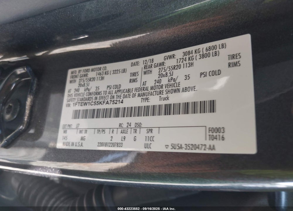 2019 FORD F-150 VIN: 1FTEW1C55KFA75214