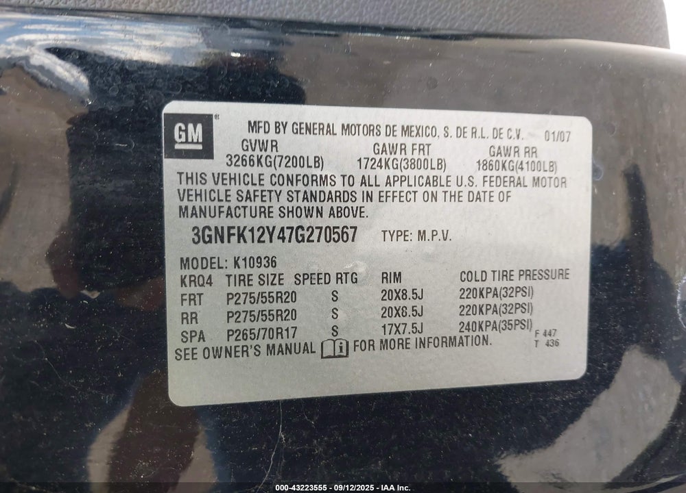 2007 CHEVROLET AVALANCHE VIN: 3GNFK12Y47G270567