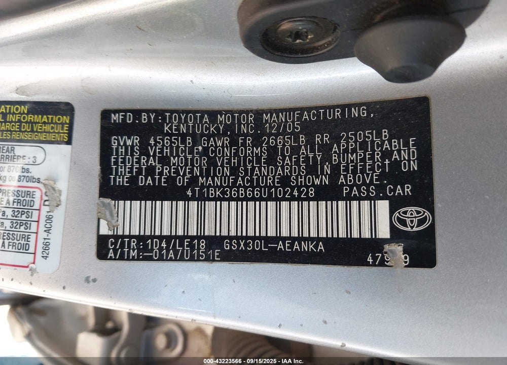 2006 TOYOTA AVALON TOURING VIN: 4T1BK36B66U102428