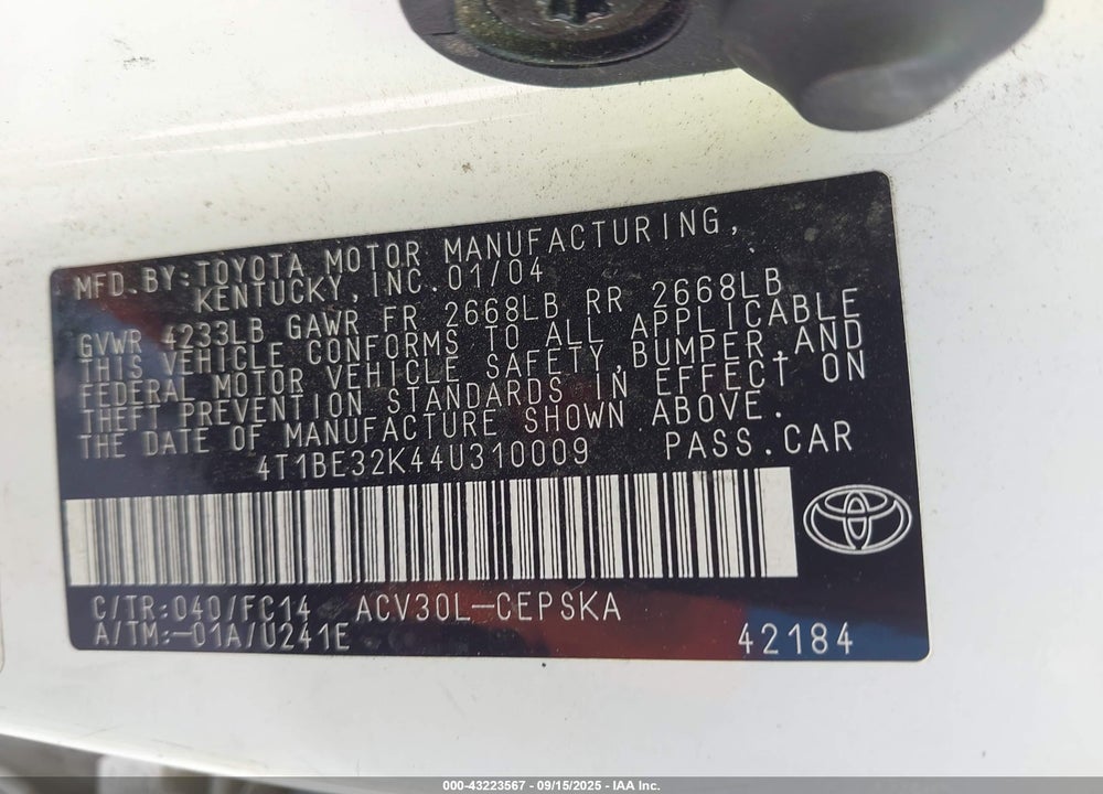 2004 TOYOTA CAMRY SE VIN: 4T1BE32K44U310009
