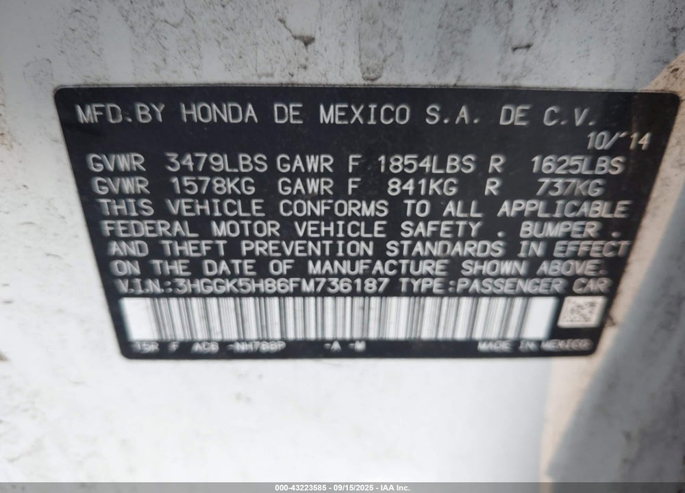 2015 HONDA FIT VIN: 3HGGK5H86FM736187