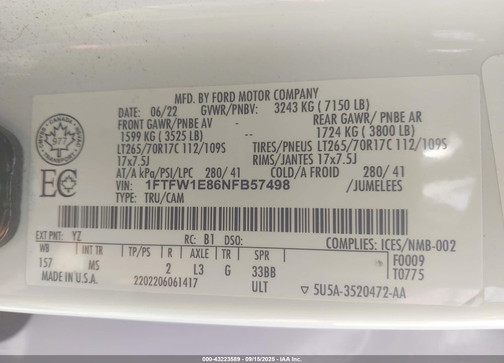 2022 FORD F-150 VIN: 1FTFW1E86NFB57498