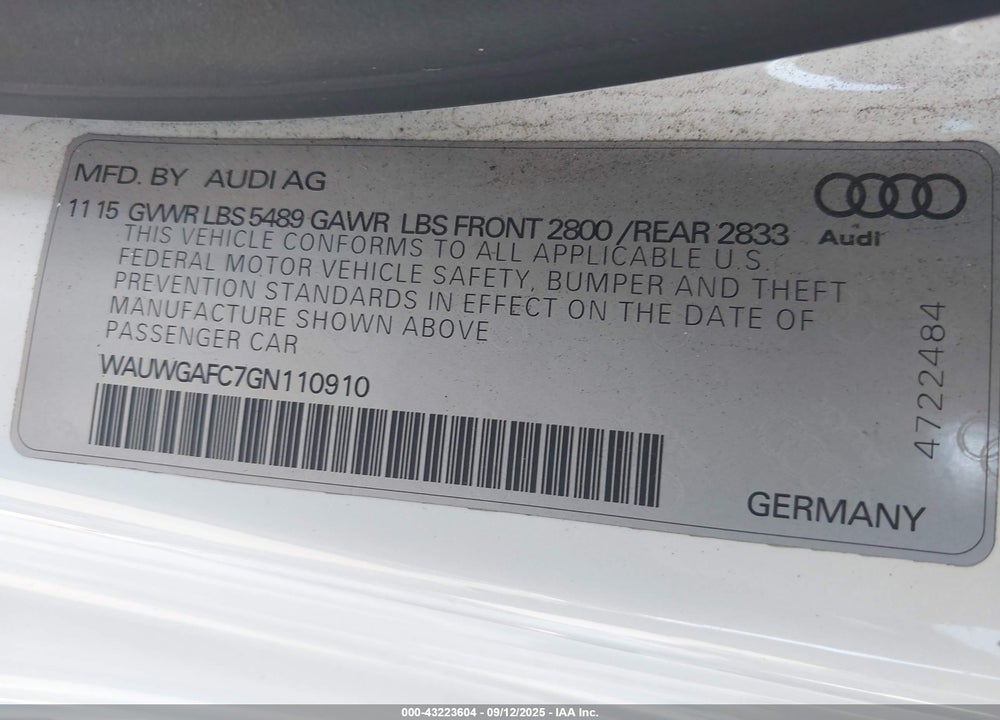 2016 AUDI A7 3.0T PREMIUM PLUS VIN: WAUWGAFC7GN110910