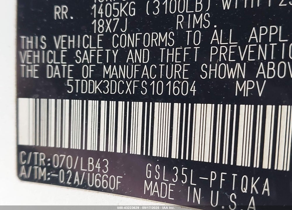 2015 TOYOTA SIENNA LIMITED 7 PASSENGER VIN: 5TDDK3DCXFS101604