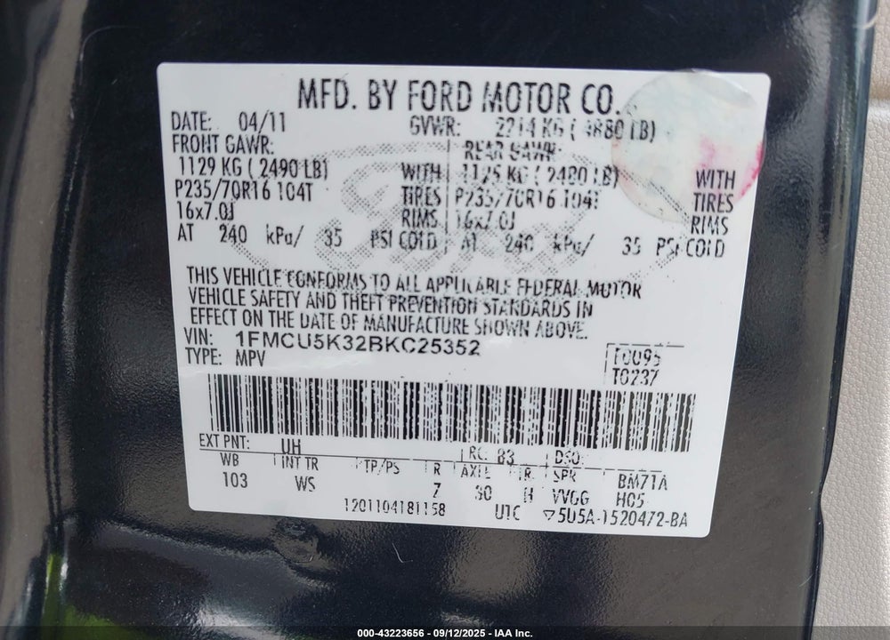 2011 FORD ESCAPE HYBRID VIN: 1FMCU5K32BKC25352