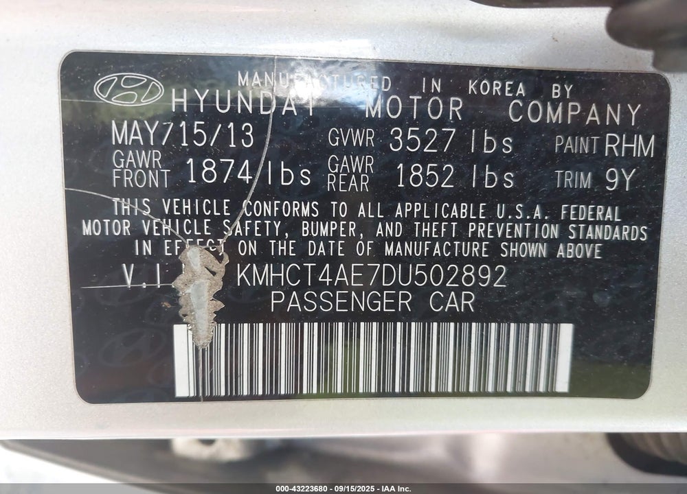 2013 HYUNDAI ACCENT VIN: KMHCT4AE7DU502892