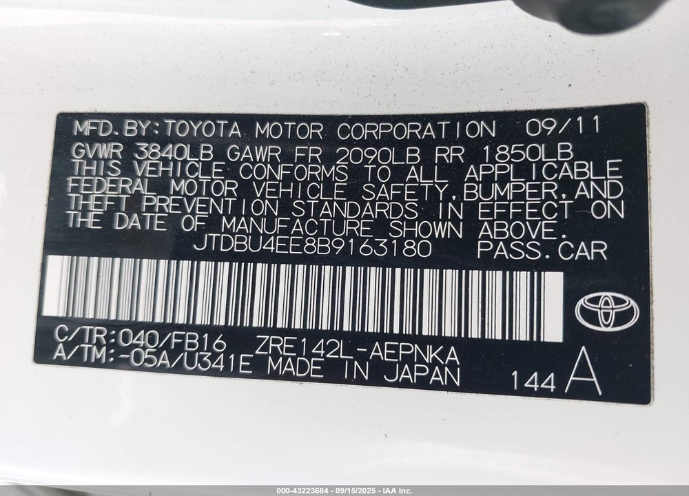 2011 TOYOTA COROLLA LE VIN: JTDBU4EE8B9163180