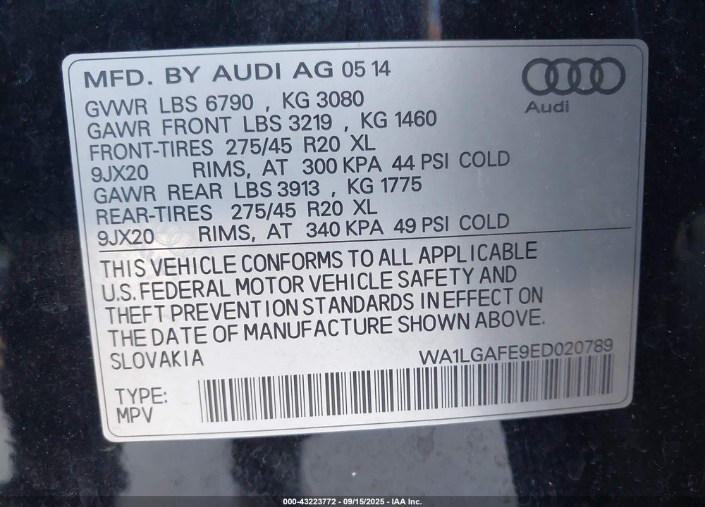 2014 AUDI Q7 VIN: WA1LGAFE9ED020789