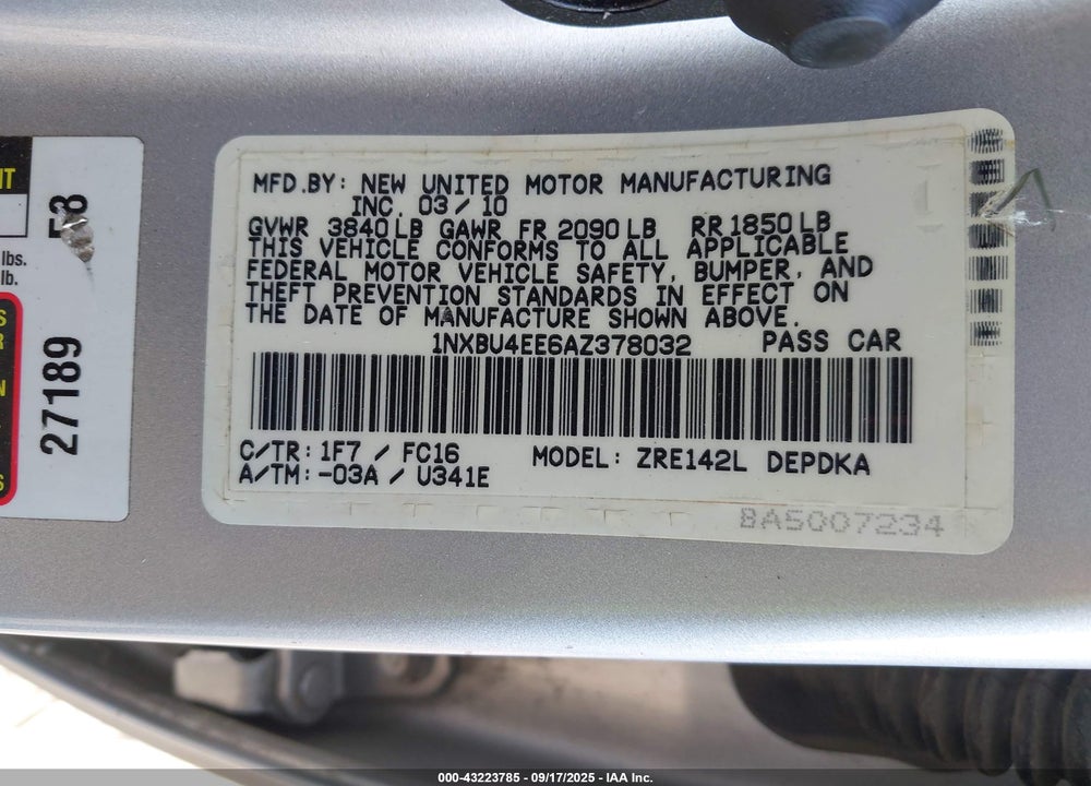 2010 TOYOTA COROLLA VIN: 1NXBU4EE6AZ378032