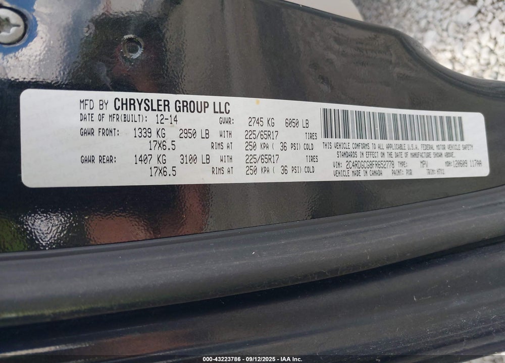 2015 DODGE GRAND CARAVAN VIN: 2C4RDGCG8FR652778