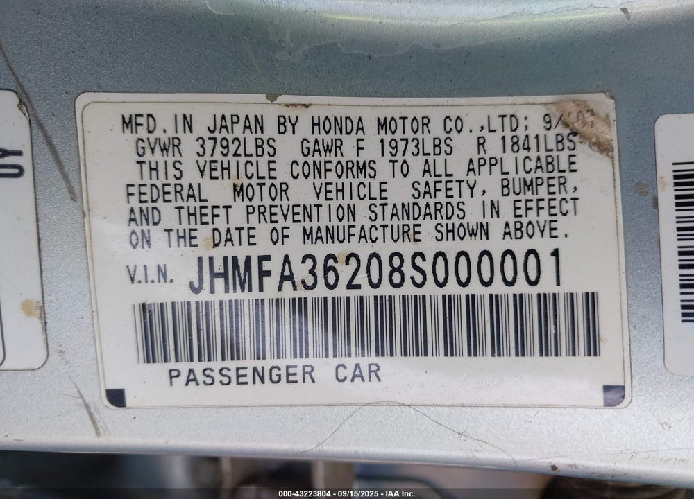 2008 HONDA CIVIC HYBRID VIN: JHMFA36208S000001