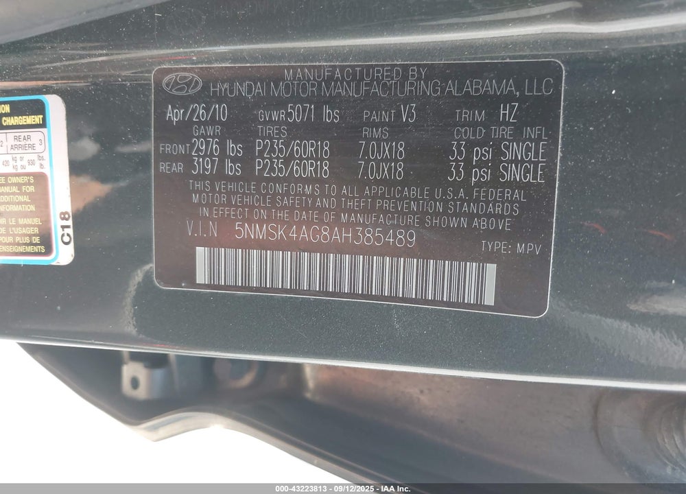 2010 HYUNDAI SANTA FE LIMITED V6 VIN: 5NMSK4AG8AH385489