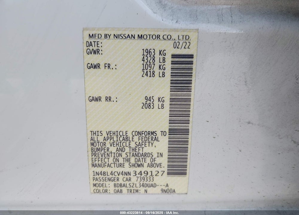 2022 NISSAN ALTIMA VIN: 1N4BL4CV4NN349127