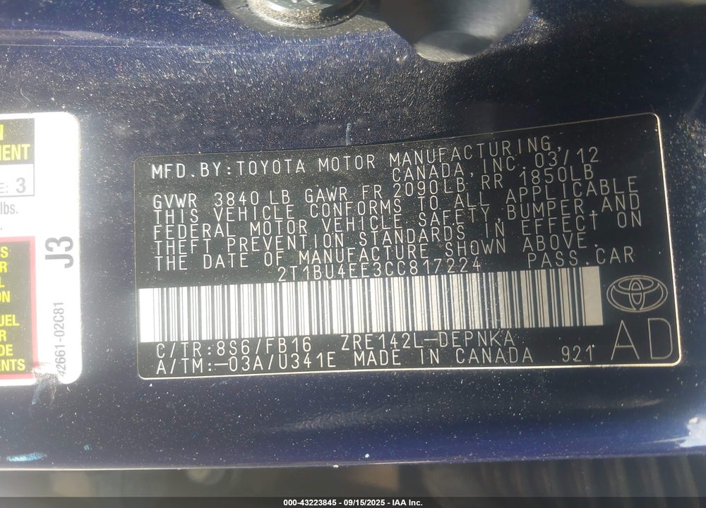 2012 TOYOTA COROLLA VIN: 2T1BU4EE3CC817224