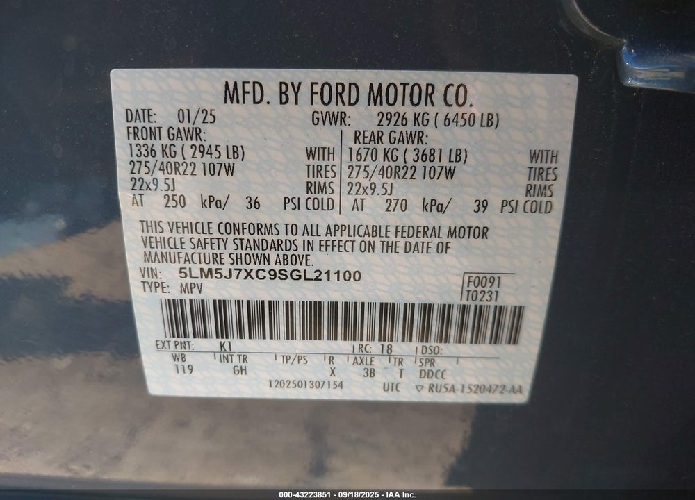 2025 LINCOLN AVIATOR VIN: 5LM5J7XC9SGL21100