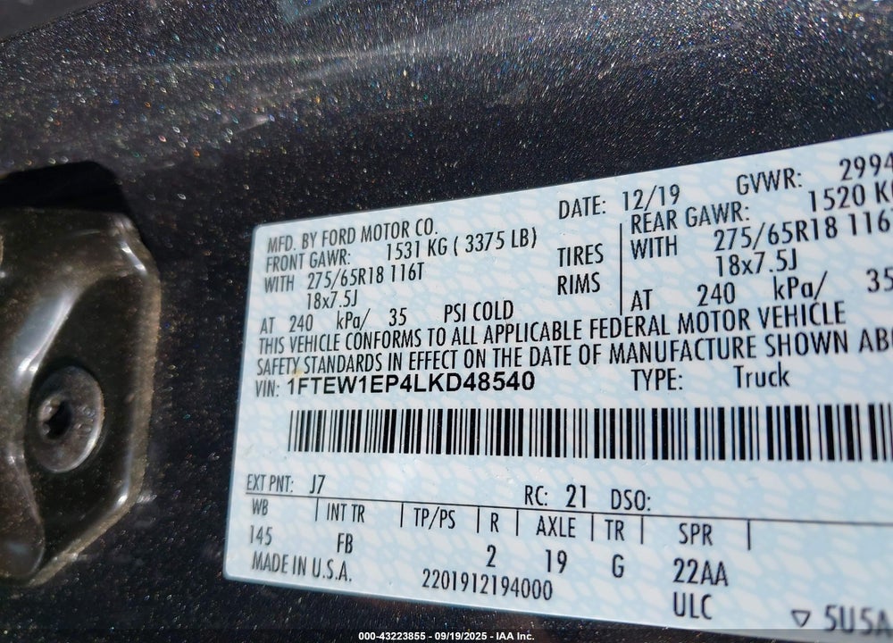 2020 FORD F-150 XLT VIN: 1FTEW1EP4LKD48540