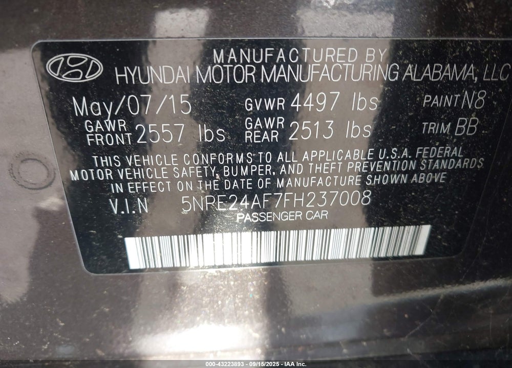 2015 HYUNDAI SONATA SE VIN: 5NPE24AF7FH237008