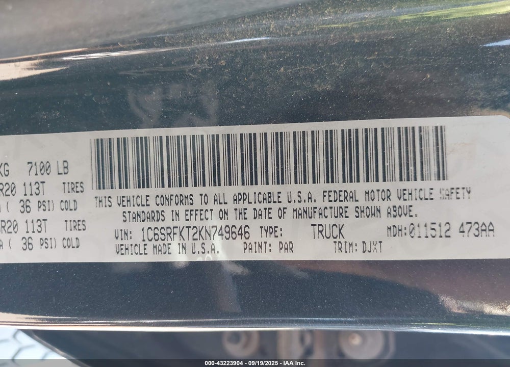 2019 RAM 1500 VIN: 1C6SRFKT2KN749646