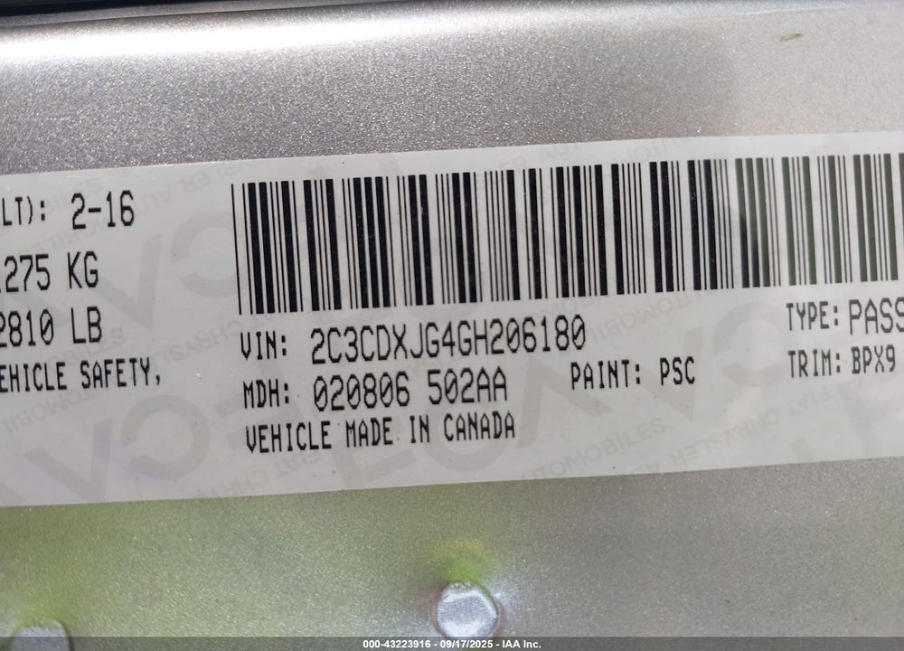 2016 DODGE CHARGER VIN: 2C3CDXJG4GH206180
