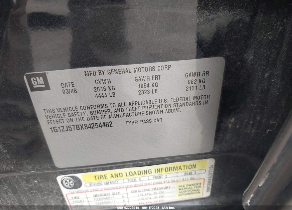 2008 CHEVROLET MALIBU VIN: 1G1ZJ57BX84254482