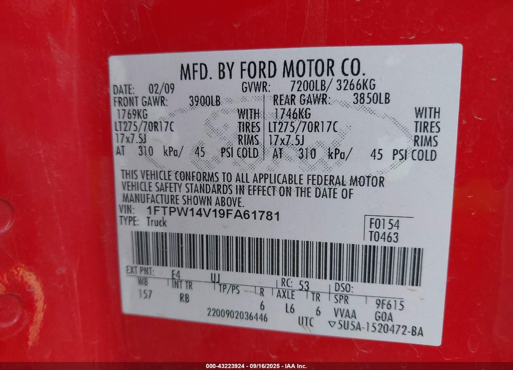 2009 FORD F-150 VIN: 1FTPW14V19FA61781