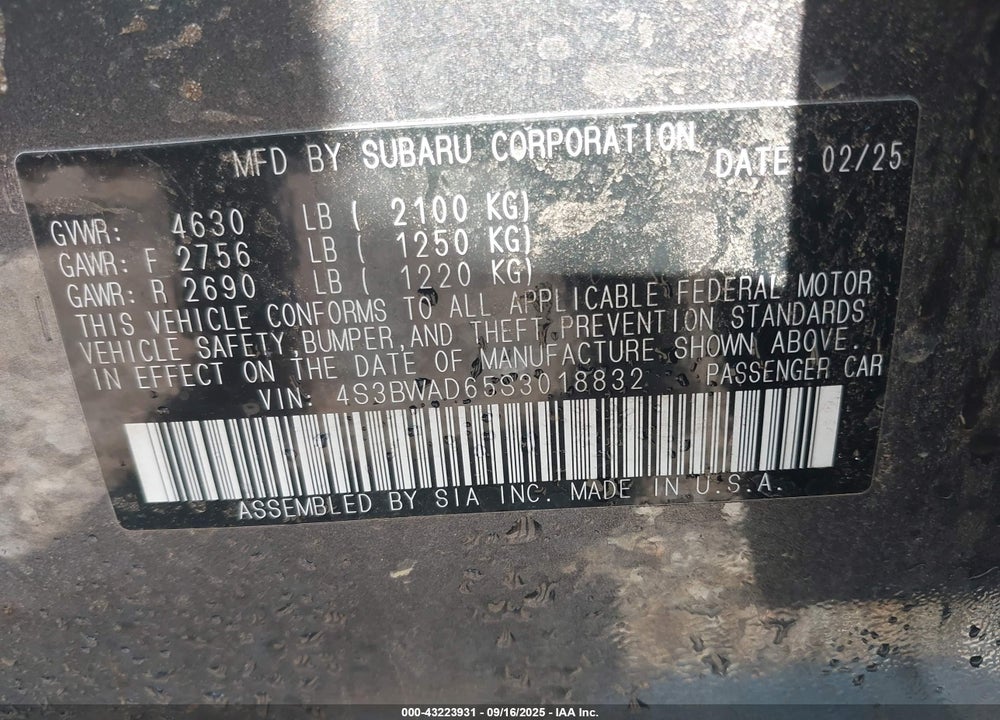 2025 SUBARU LEGACY VIN: 4S3BWAD65S3018832