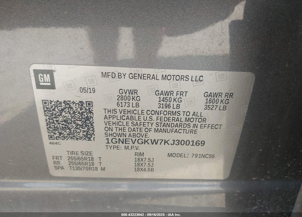 2019 CHEVROLET TRAVERSE VIN: 1GNEVGKW7KJ300169