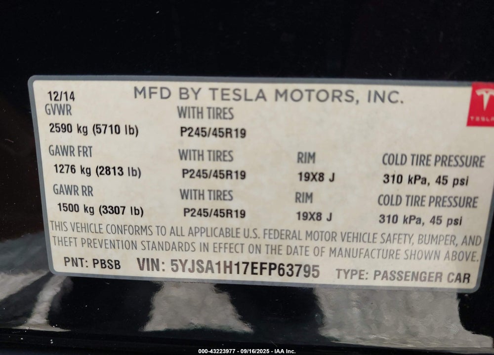 2014 TESLA MODEL S VIN: 5YJSA1H17EFP63795