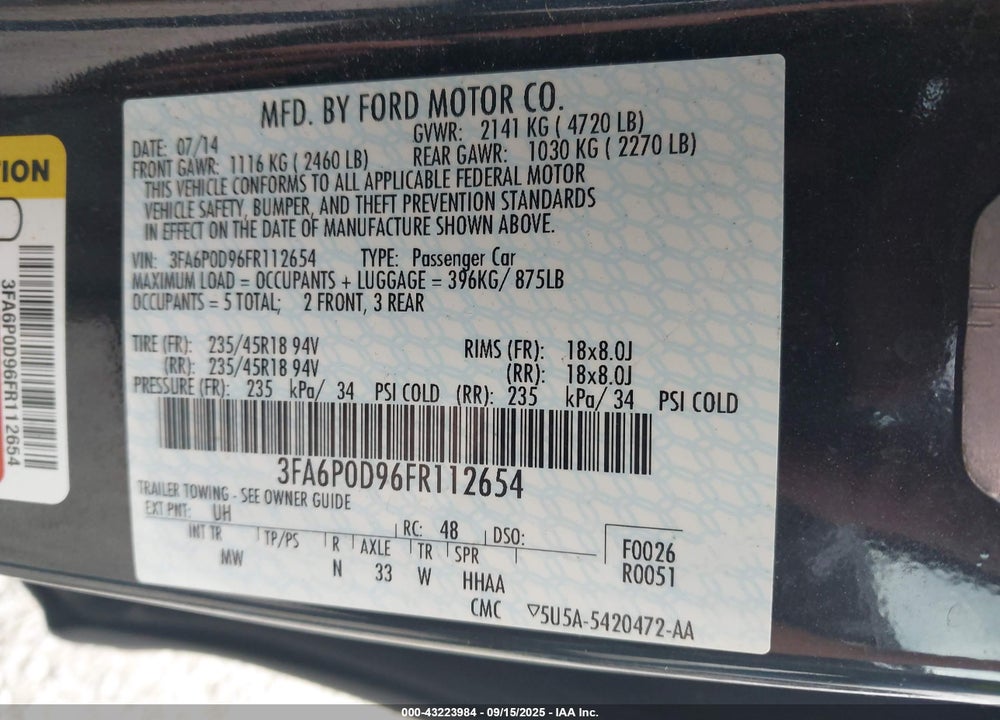 2015 FORD FUSION VIN: 3FA6P0D96FR112654